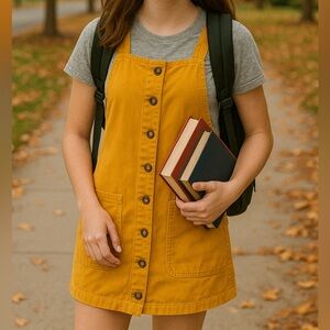 Newbury Kustom Button front cotton mini dress mustard yellow back to school Y2K
